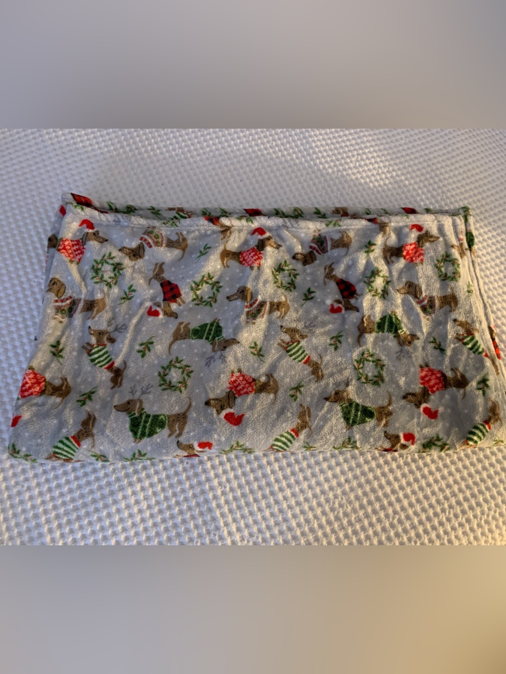 Festive Gray Holiday Dachshund Throw Blanket with Red & Green Accents